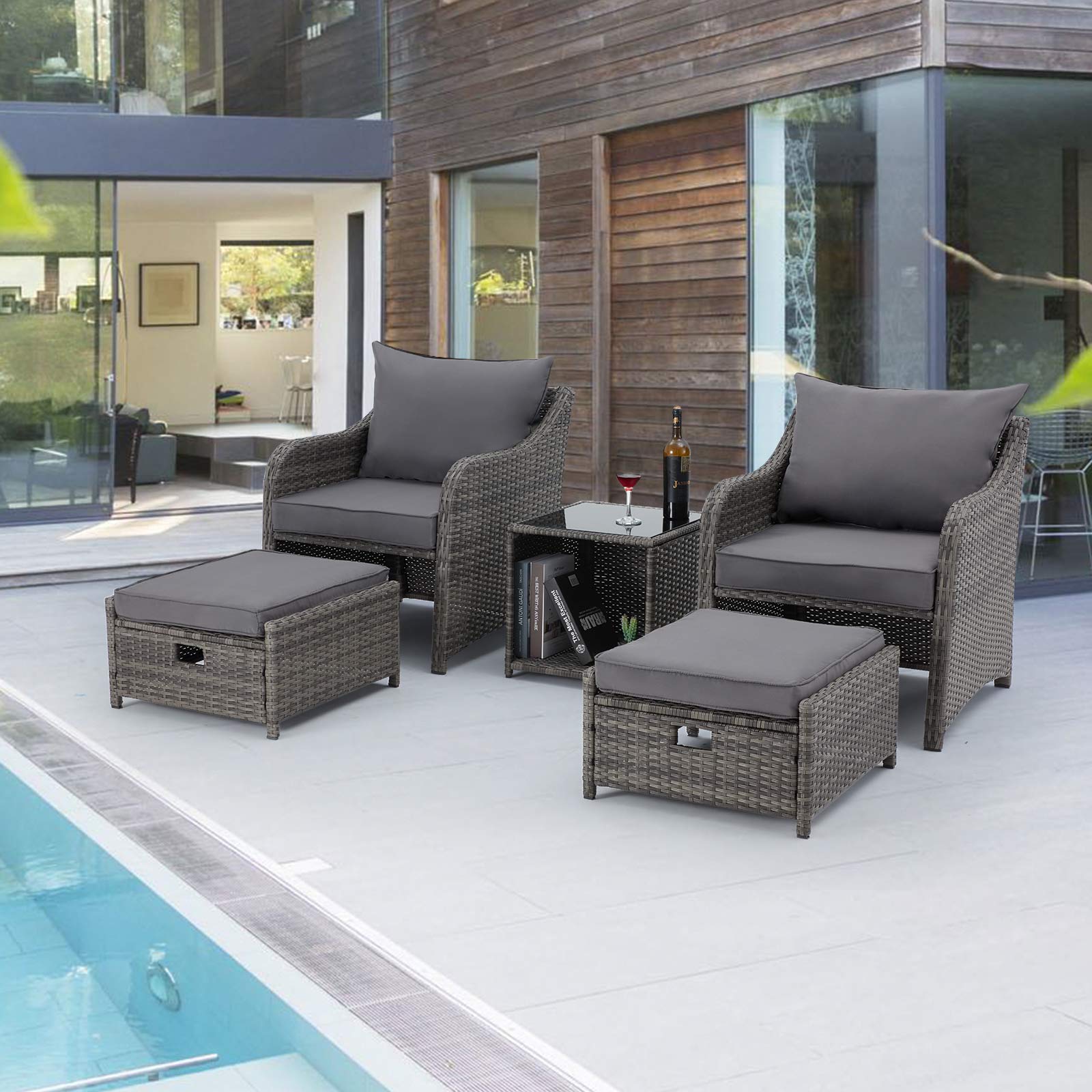  5 Pcs patio chair set with ottoman for porch, backyard and poolside | Homrest furniture