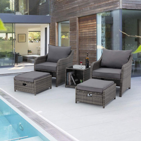 5 Pcs Patio Wicker Chair Set with Ottomans, Cushion & Glass Top Coffee Table, Gray