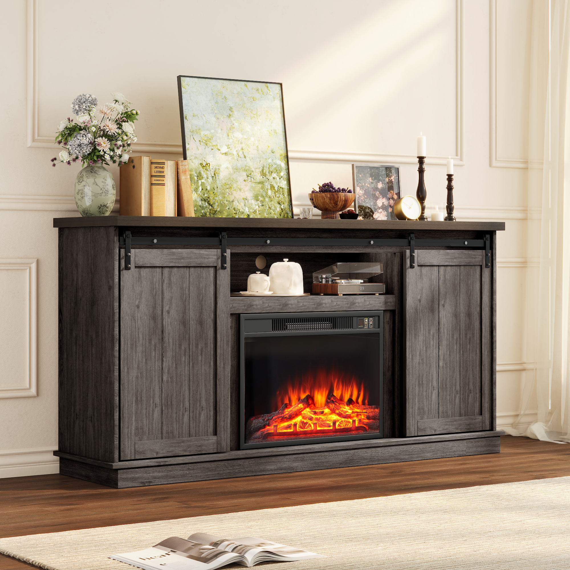 Homrest 63'' Rustic TV Stand with 23'' Electric Fireplace with Sliding Barn Doors - Teak