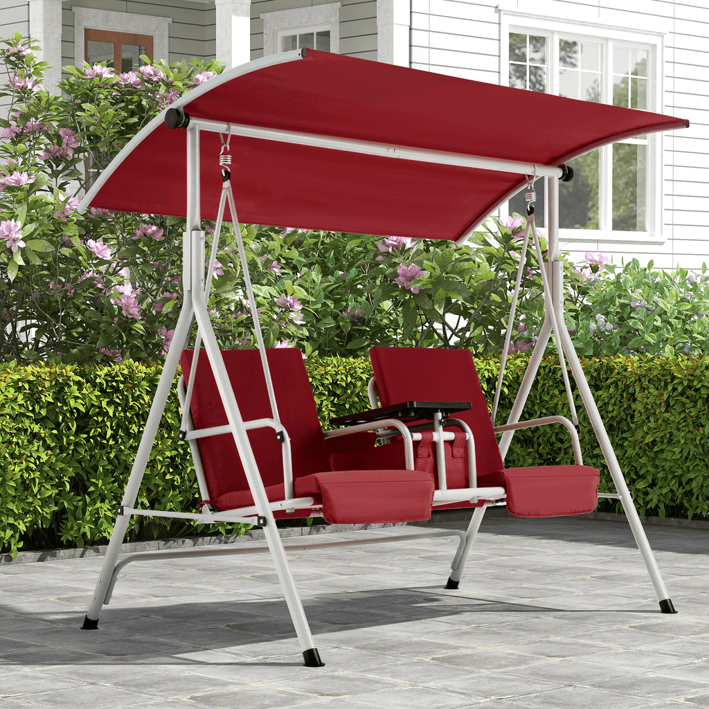 Homrest 2 Seat Outdoor Porch Swing with Adjustable Canopy, Wine Red