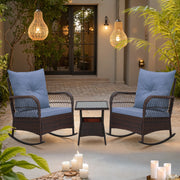 HOMREST 3-Piece Rattan Rocking Bistro Set with Glass Coffee Table for Porch & Garden