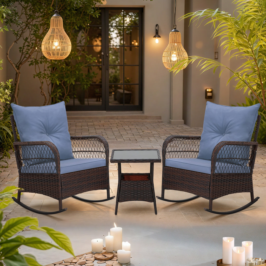 HOMREST 3-Piece Rattan Rocking Bistro Set with Glass Coffee Table for Porch & Garden