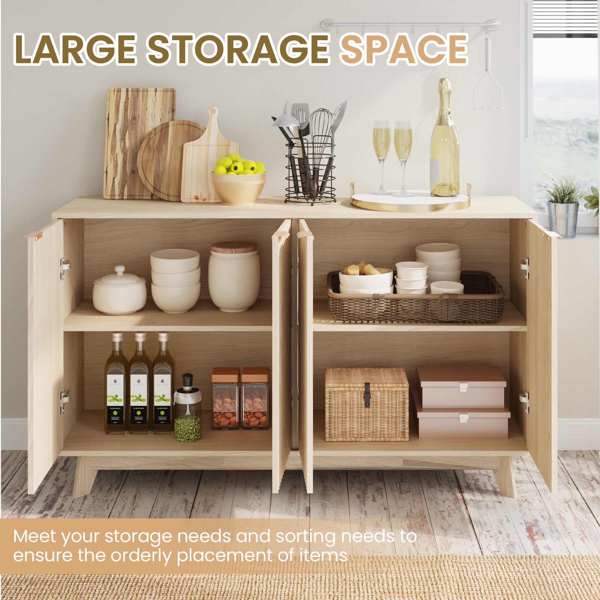 HOMREST Fluted Storage Cabinet, Modern Accent Buffet Cabinet with Double Doors and Adjustable Shelves for Living Room, Kitchen