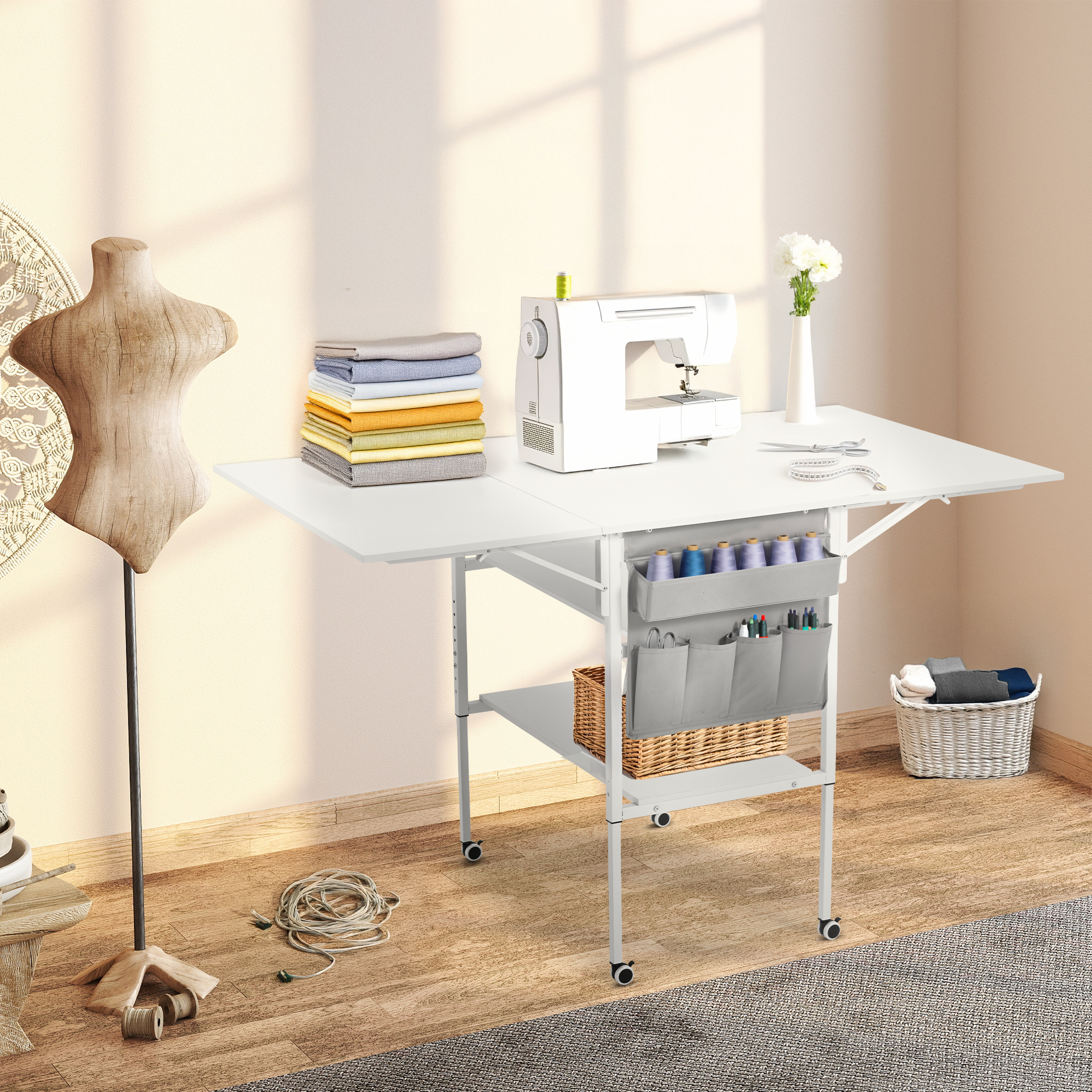 HOMREST Height Adjustable Craft Table with Storage Shelves, Mobile Folding Cutting Table for Large Fabric, Foldable Sewing Desk for Home Office Sewing Room Craft Room