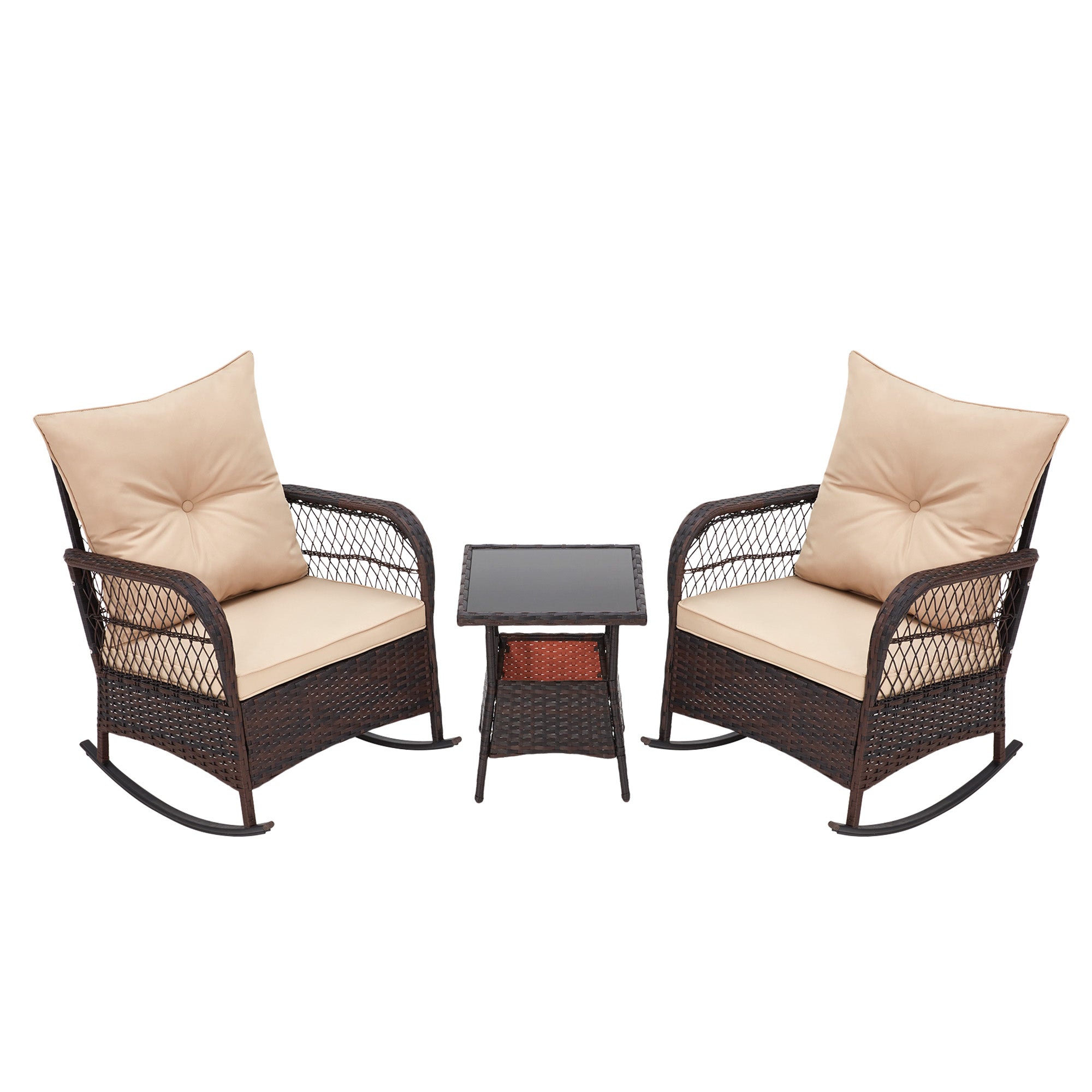 HOMREST 3 pcs Rocking Bistro Set, Outdoor PE Rattan Rocking Chairs with Tempered Glass Coffee Table
