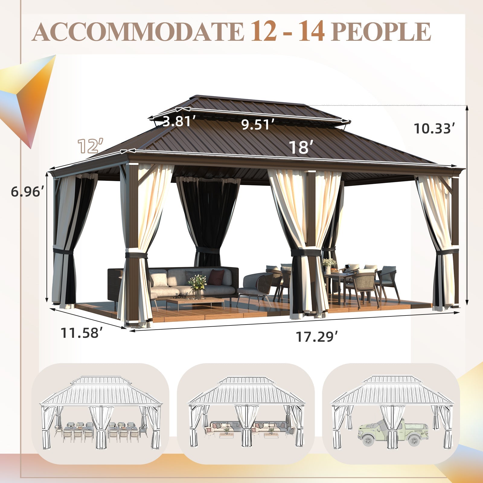 Homrest 12' x 18' Hardtop Gazebo with Aluminum Frame, Dark Gray