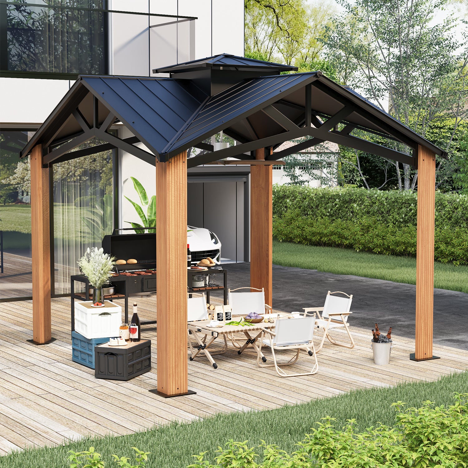 HOMREST  12 x 12 FT Modern Gazebo with Double Roof and Enhanced Drainage System, Built for Harsh Weather