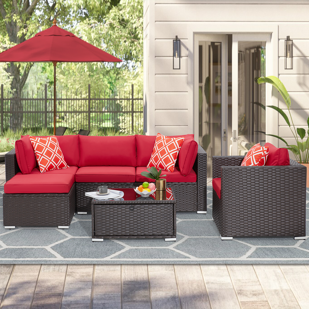 Homrest 4 pieces wicker rattan patio sectional sofa, patio conversation sets with storage tempered glass coffee table for garden, lawn, balcony, wine red