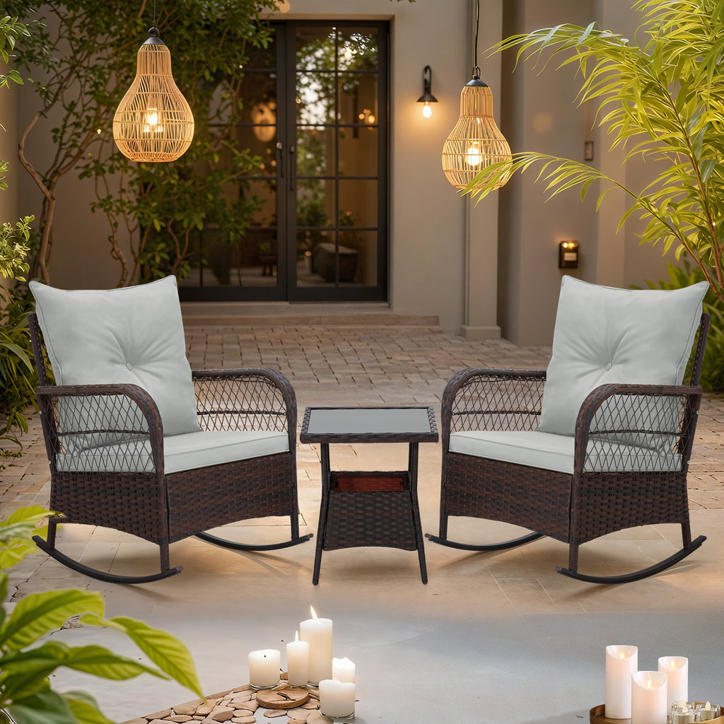 HOMREST 3-Piece Rattan Rocking Bistro Set with Glass Coffee Table for Porch & Garden
