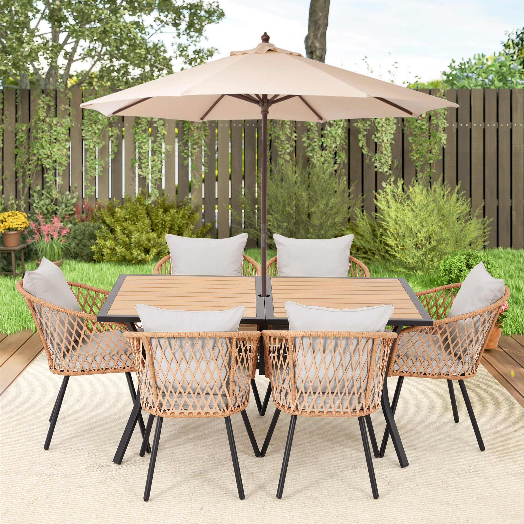 HOMREST 7-Piece Outdoor Dining Set – Rectangular Table with Umbrella Hole & 6 Rattan Chairs, Gray