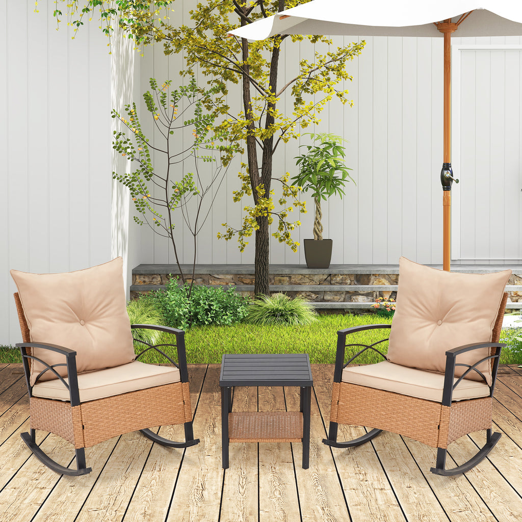 HOMREST 3-Piece Bistro Set: Outdoor Rattan Rocking Chairs with Cushions and Coffee Table