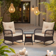 HOMREST 3 pcs Rocking Bistro Set, Outdoor PE Rattan Rocking Chairs with Tempered Glass Coffee Table