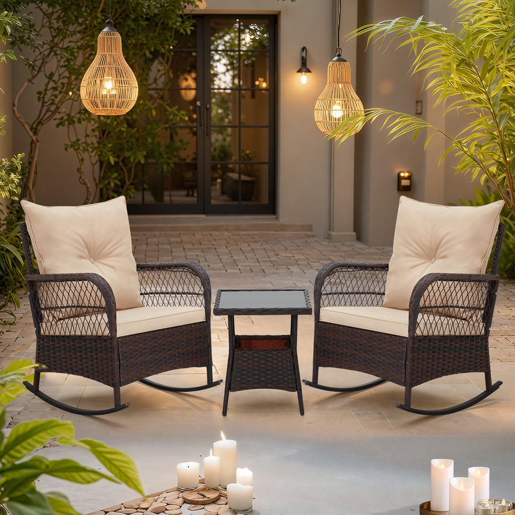 HOMREST 3 pcs Rocking Bistro Set, Outdoor PE Rattan Rocking Chairs with Tempered Glass Coffee Table