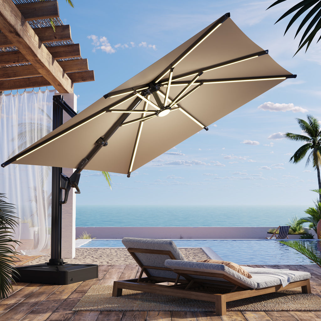 HOMREST 10 X 10 Cantilevered Umbrella with LED Lights(Base Excluded)  - Brown