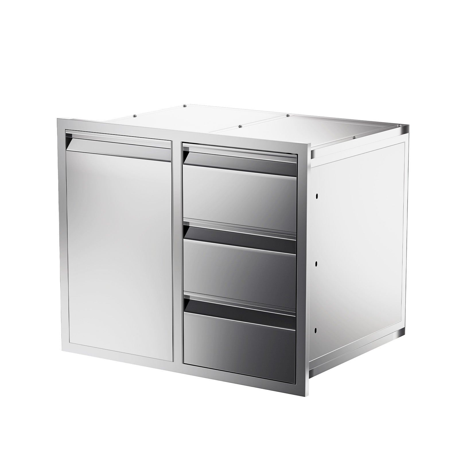 HOMREST Outdoor Kitchen Drawer and Trash Bin Combo - 28"Wx20"Dx23"H Built-in 304 Stainless Steel Cabinet with Triple Drawers & Pull-Out Trash Drawer, Silver