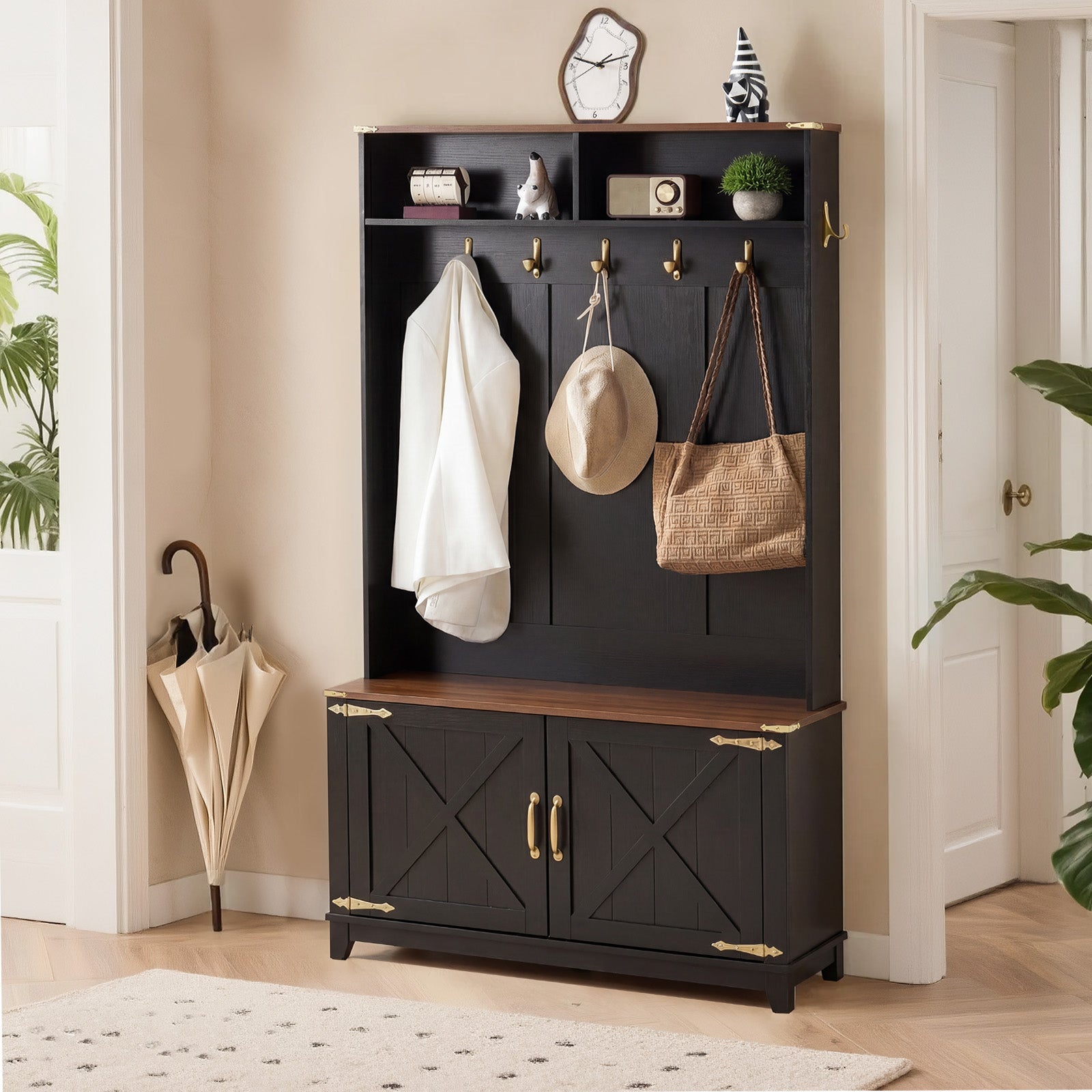 HOMREST 38" Farmhouse Hall Tree with Bench and Shoe Storage, Entryway Bench with Coat Rack, 2 Open Compartments, 7 Coat Hooks, Barn Door & Adjustable Shelf, Black