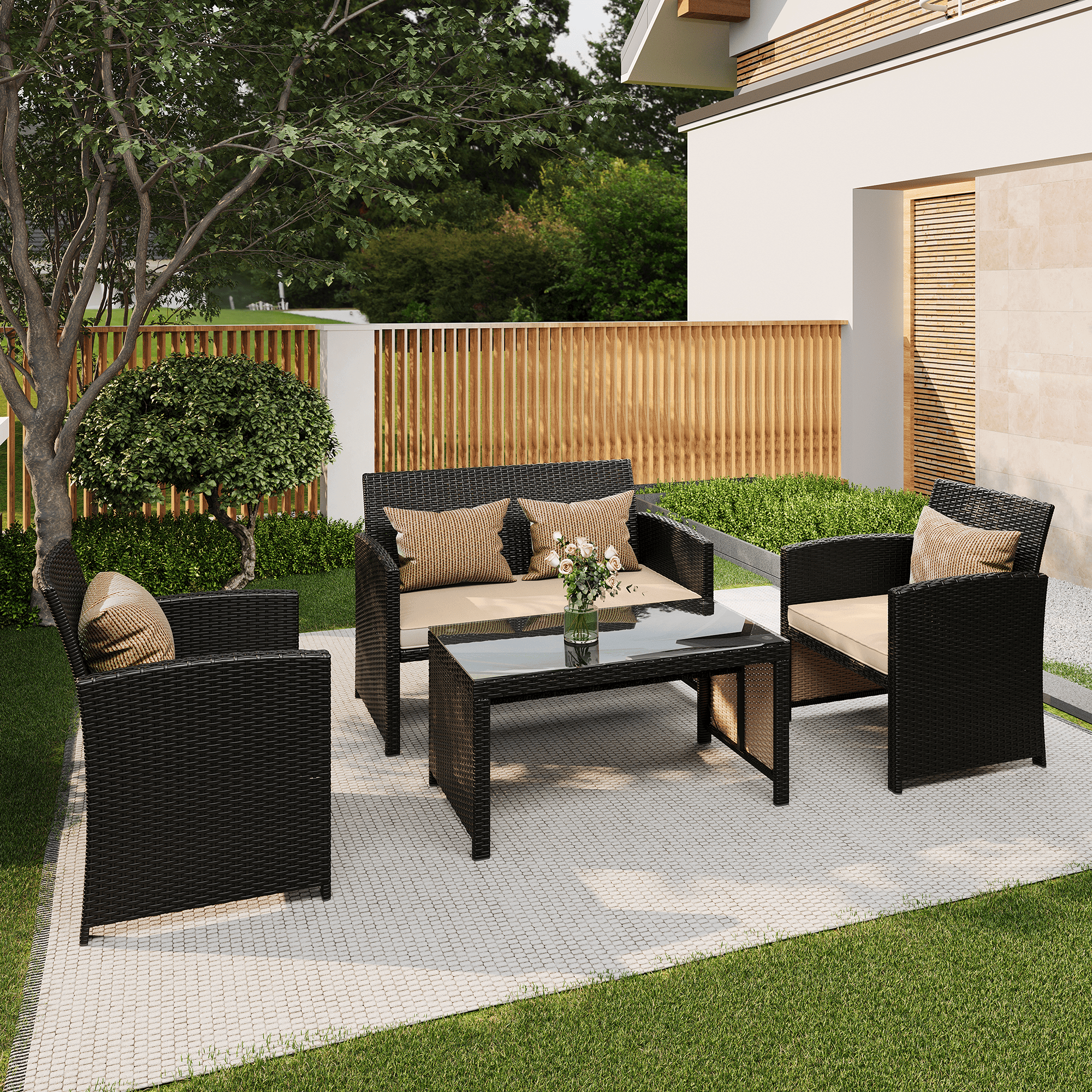HOMREST 4-Piece Patio Furniture Set, Outdoor Wicker Patio Conversation Set with Cushions, Sofa & Glass Coffee Table, Khaki