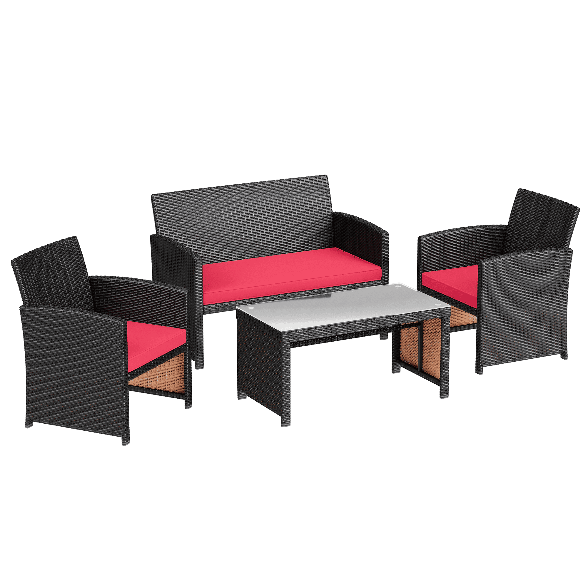 HOMREST 4-Piece Patio Furniture Set, Outdoor Wicker Patio Conversation Set with Cushions, Sofa & Glass Coffee Table, Red