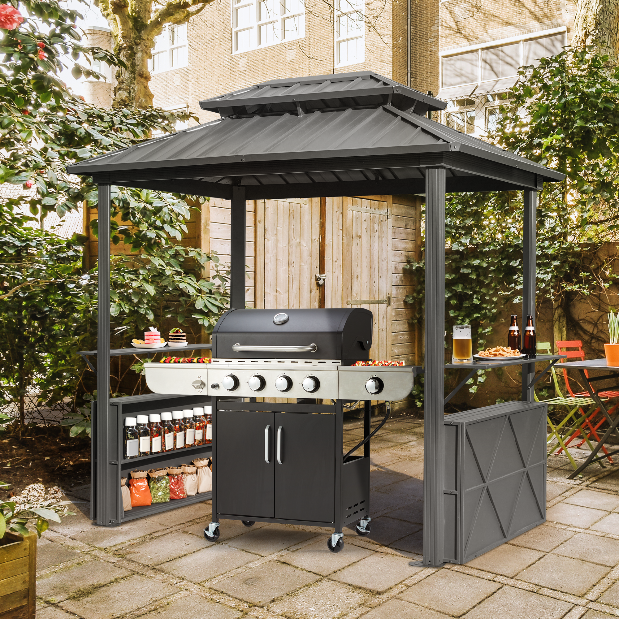 HOMREST 8x6 FT Outdoor Grill Gazebo with Double Steel Roof