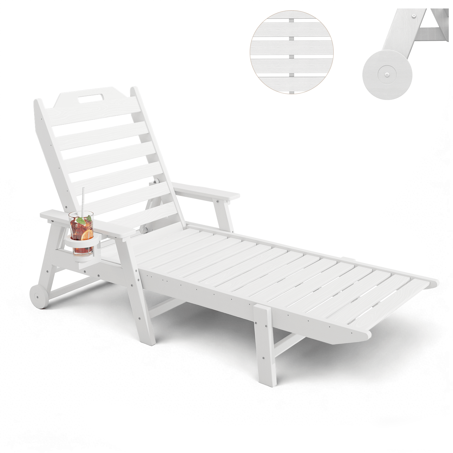 HOMREST 22" W Oversized Chaise Lounge Chairs, Adjustable HDPE Outdoor Chairs with Wheels & Cup Holder, White