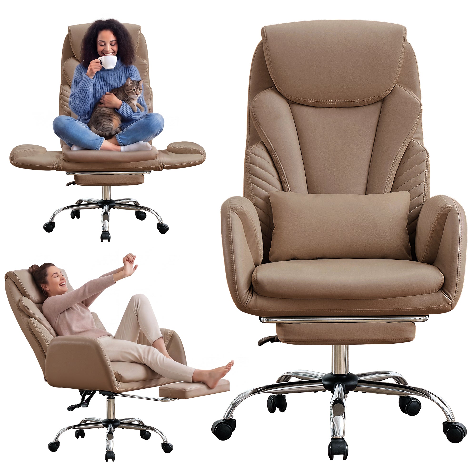 HOMREST Modern Cross Legged Office Chair with Footrest,Leather Ergonomic Executive Chair with Lumbar Pillow, Brown
