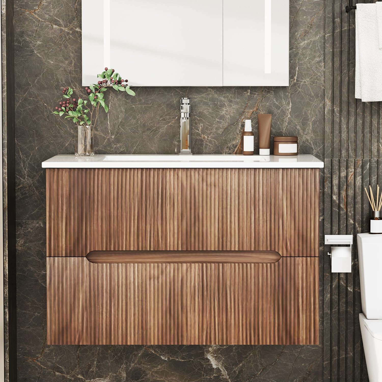 HOMREST 30 Inch Bathroom Vanity with Sink, Floating Bathroom Vanity with Ceramic Basin, Wall Mounted Bathroom Sink Cabinet Set with Soft-Close 2 Drawers, Faucet & Pop Up Drain, Walnut