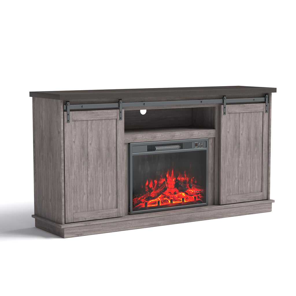 HOMREST Fireplace TV Stand with Sliding Barn Door, Fits TVs Up to 73", Farmhouse 63" Fireplace Entertainment Center with Storage/Adjustable Shelves, Teak