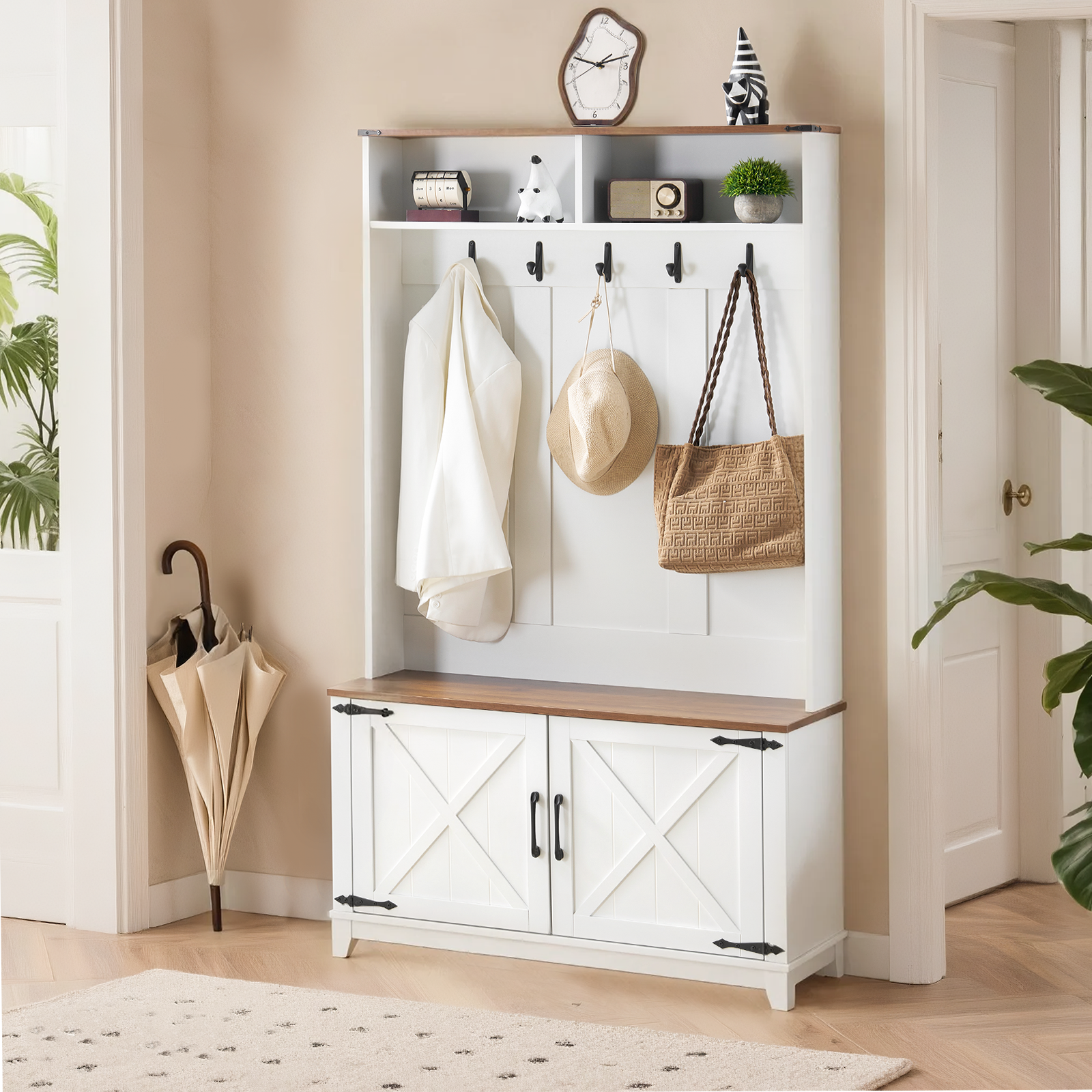 HOMREST 38" Farmhouse Hall Tree with Bench and Shoe Storage, Entryway Bench with Coat Rack, 2 Open Compartments, 7 Coat Hooks, Barn Door & Adjustable Shelf, White