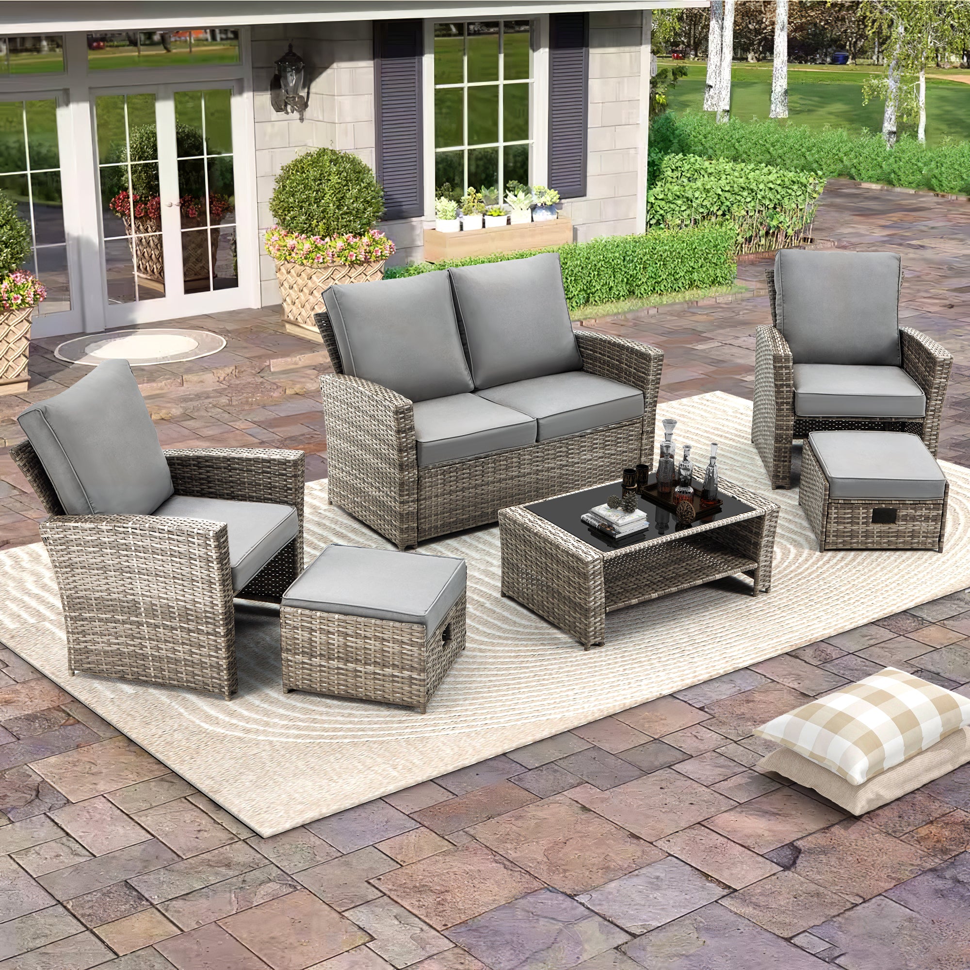Homrest 6 Pcs Patio Furniture Set with Ottoman and Storage Table, Dark Gray