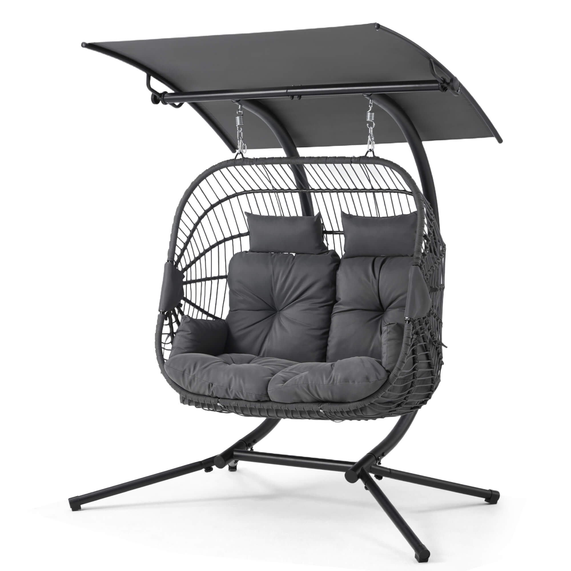 HOMREST Double Hanging Egg Chair with Stand, Wicker Loveseat Swing with Extra Cushion, Gray