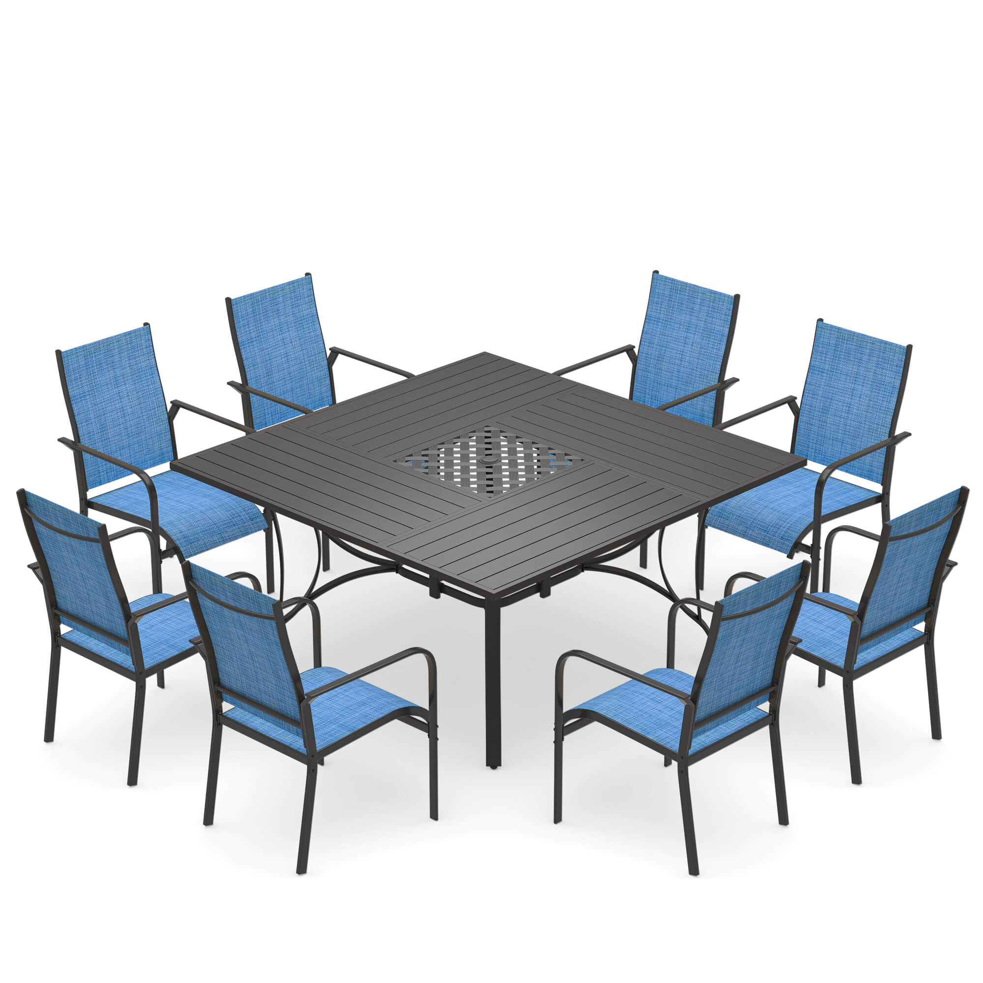 HOMREST 9 Piece Patio Dining Set, Outdoor Dining Table And Chairs Set For 8, 8 PVC-coated polyester Chairs, 1 Iron Square Table With Adjustable Umbrella Hole (1.57"-1.97"), Blue