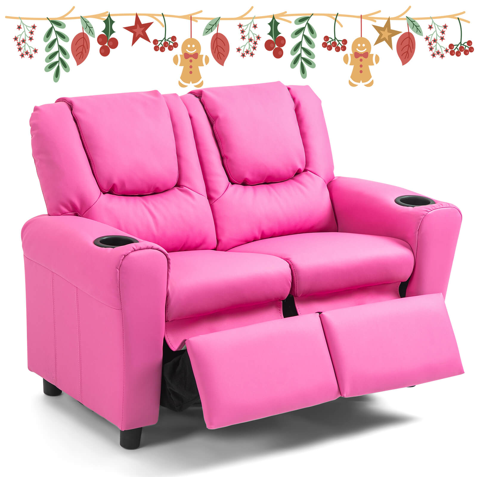 HOMREST Kids Recliner Chair, Double Kids Sofa Chair w/Cup Holder PU Leather, Toddler Loveseat Couch w/Adjustable Footrest & Headres for Boys Girls 3+ Age Group, Pink