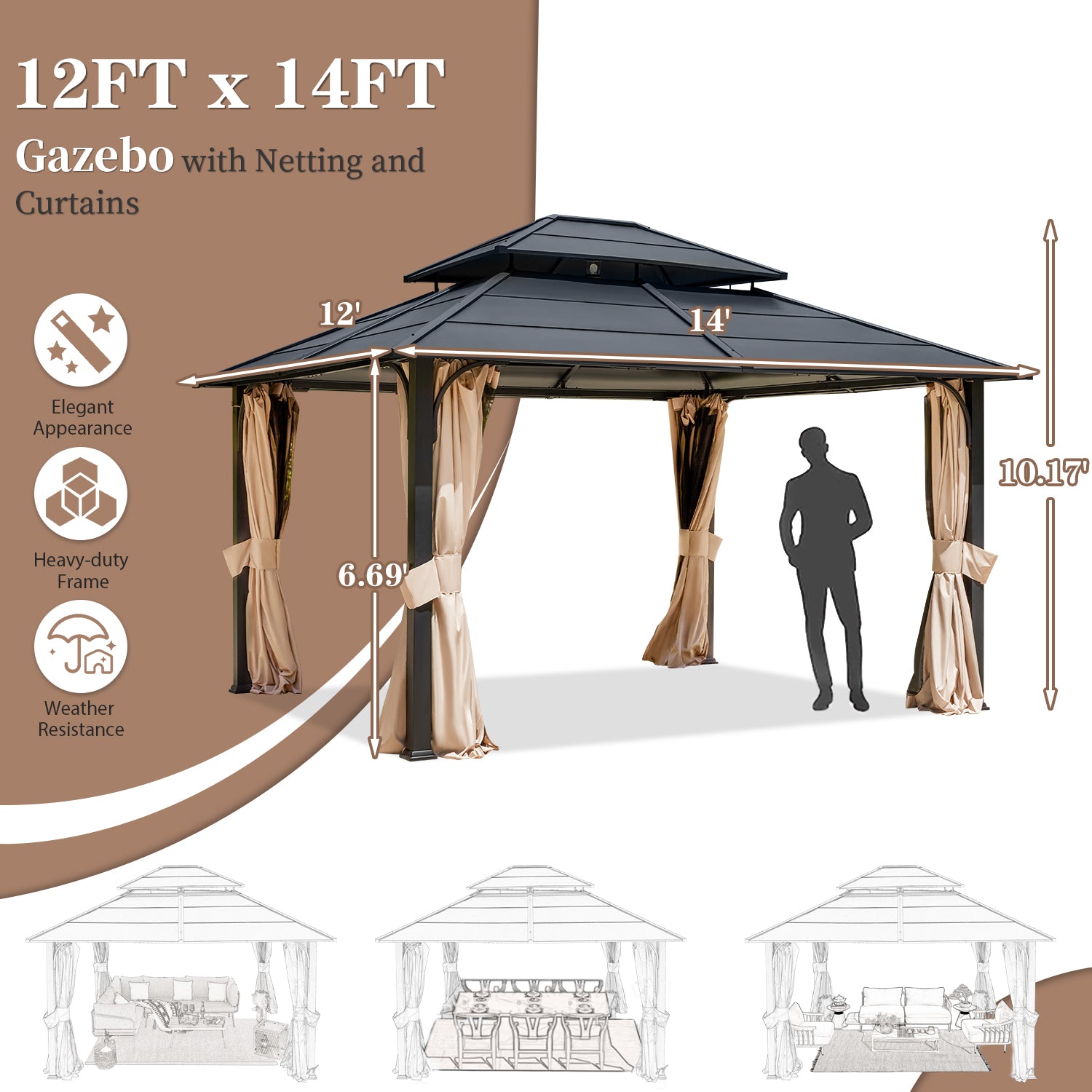 Homrest 12' x 14' Hardtop Gazebo with Curtains and Netting,  Anti-Rust Coating Frame