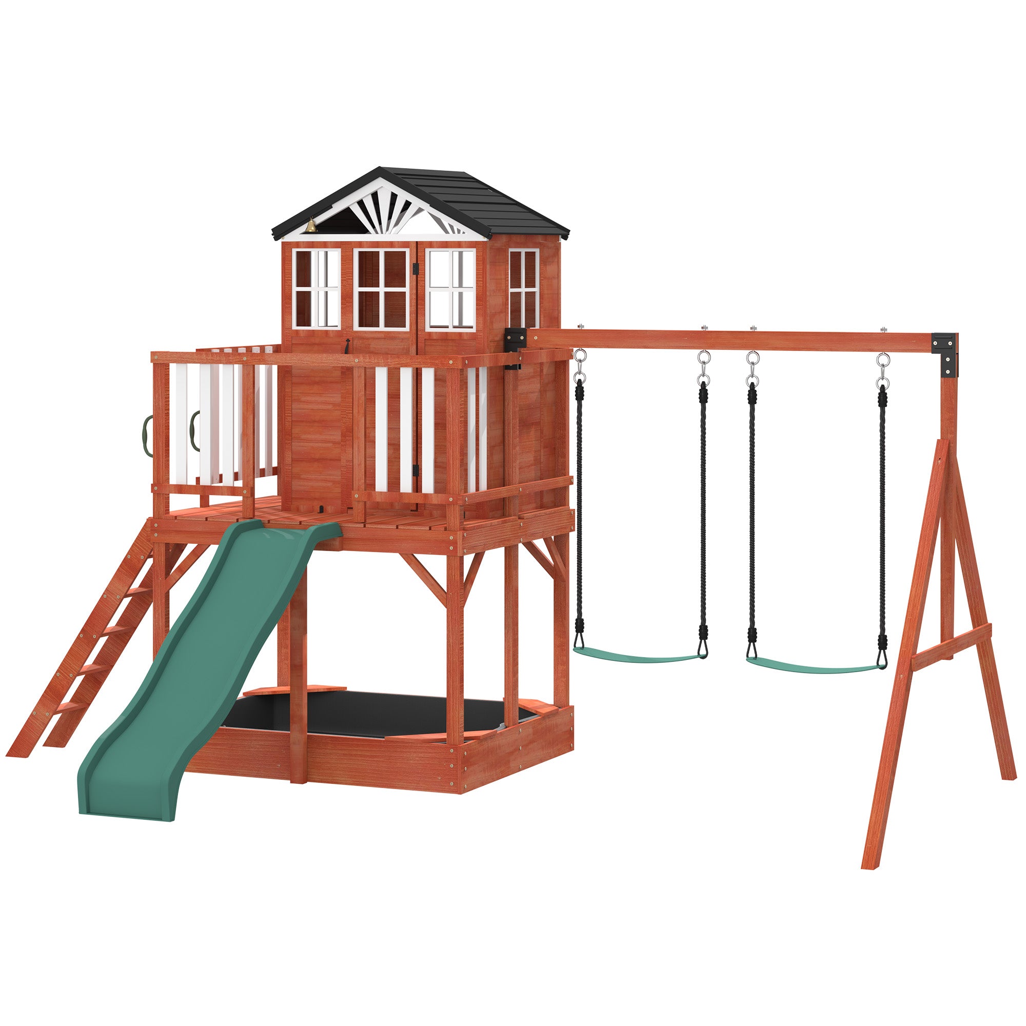 HOMREST Kids Outdoor Wooden Swing Set with Elevated Playhouse, Wave Slide, Belt Swings and Sandbox