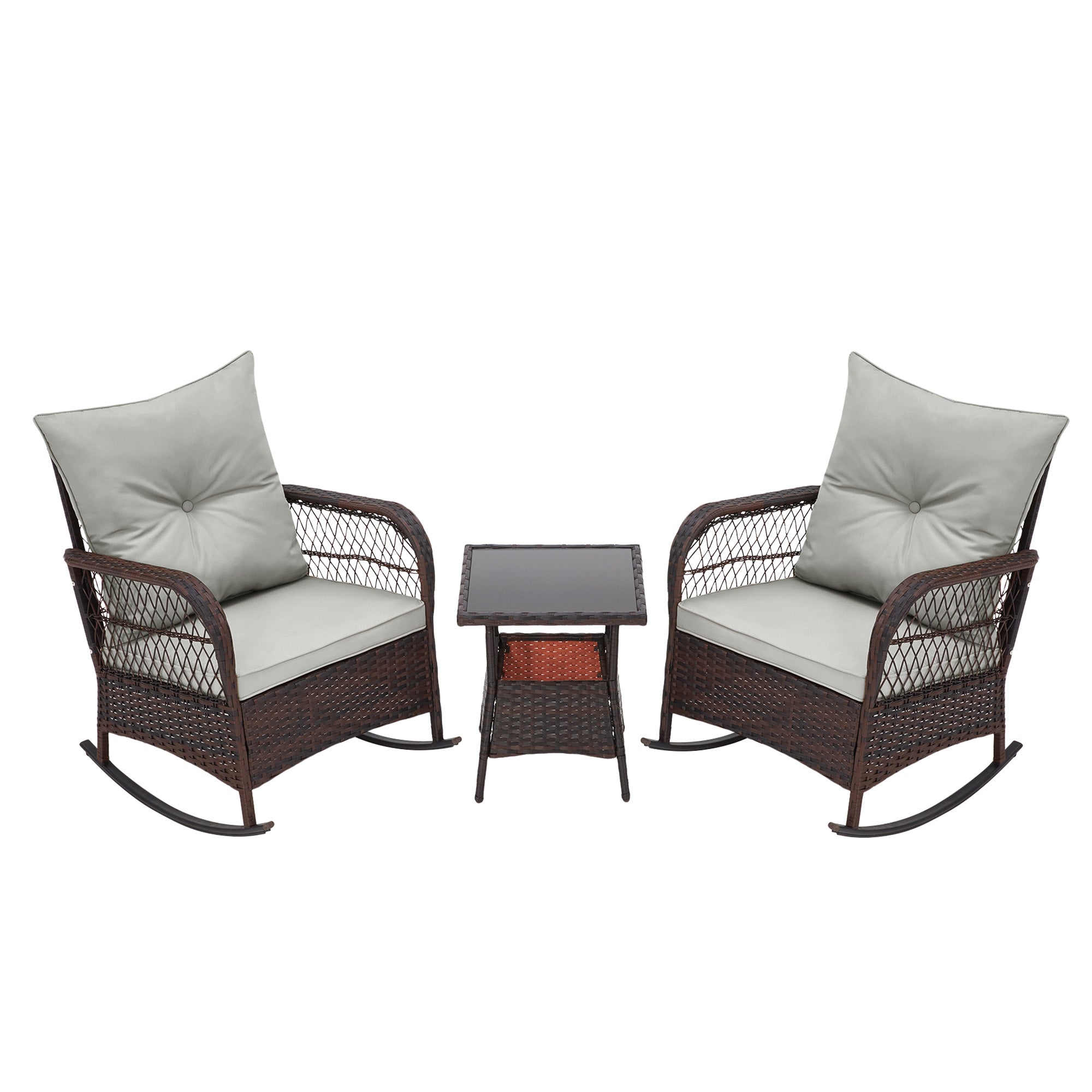 HOMREST 3-Piece Rattan Rocking Bistro Set with Glass Coffee Table for Porch & Garden