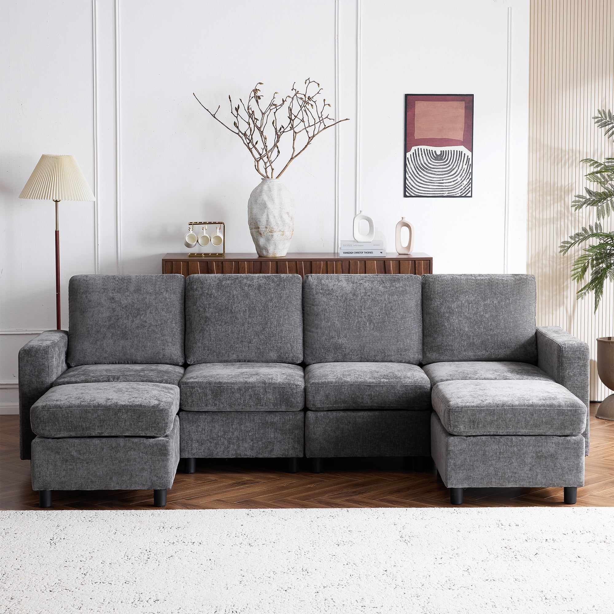 Homrest 6  Piece Modular Sectional Couch with Storage, 4 Single Seats, 2 ottomans, Dark Gray