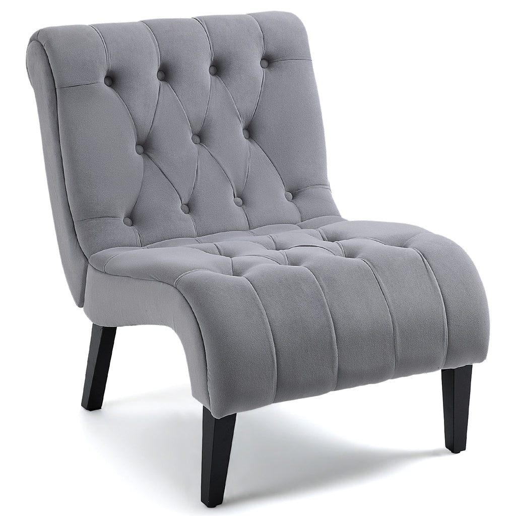 HOMREST Armless Accent Chair, Upholstered Button Tufted Living Room Chairs with Wood Legs, Comfy Frosted Velvet Lounge Chair Reading Chair for Bedroom, Grey