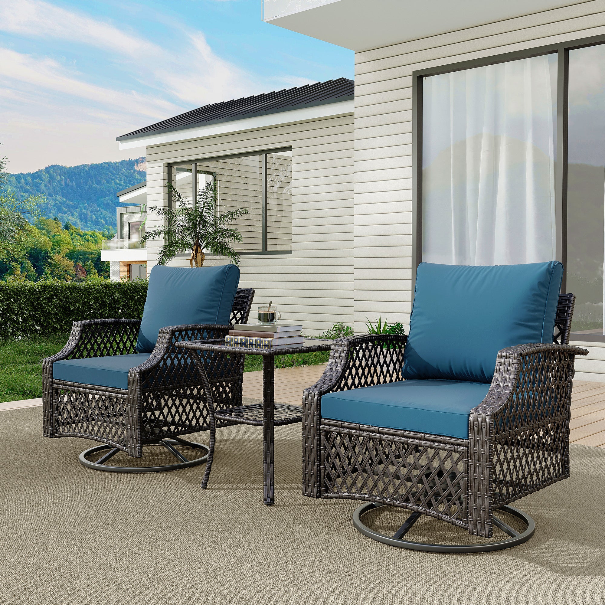 HOMREST 3 Piece Outdoor Swivel Chair Set, Patio Furniture Conversation Set for Deck, Yard, Garden, Poolside(Turquoise)