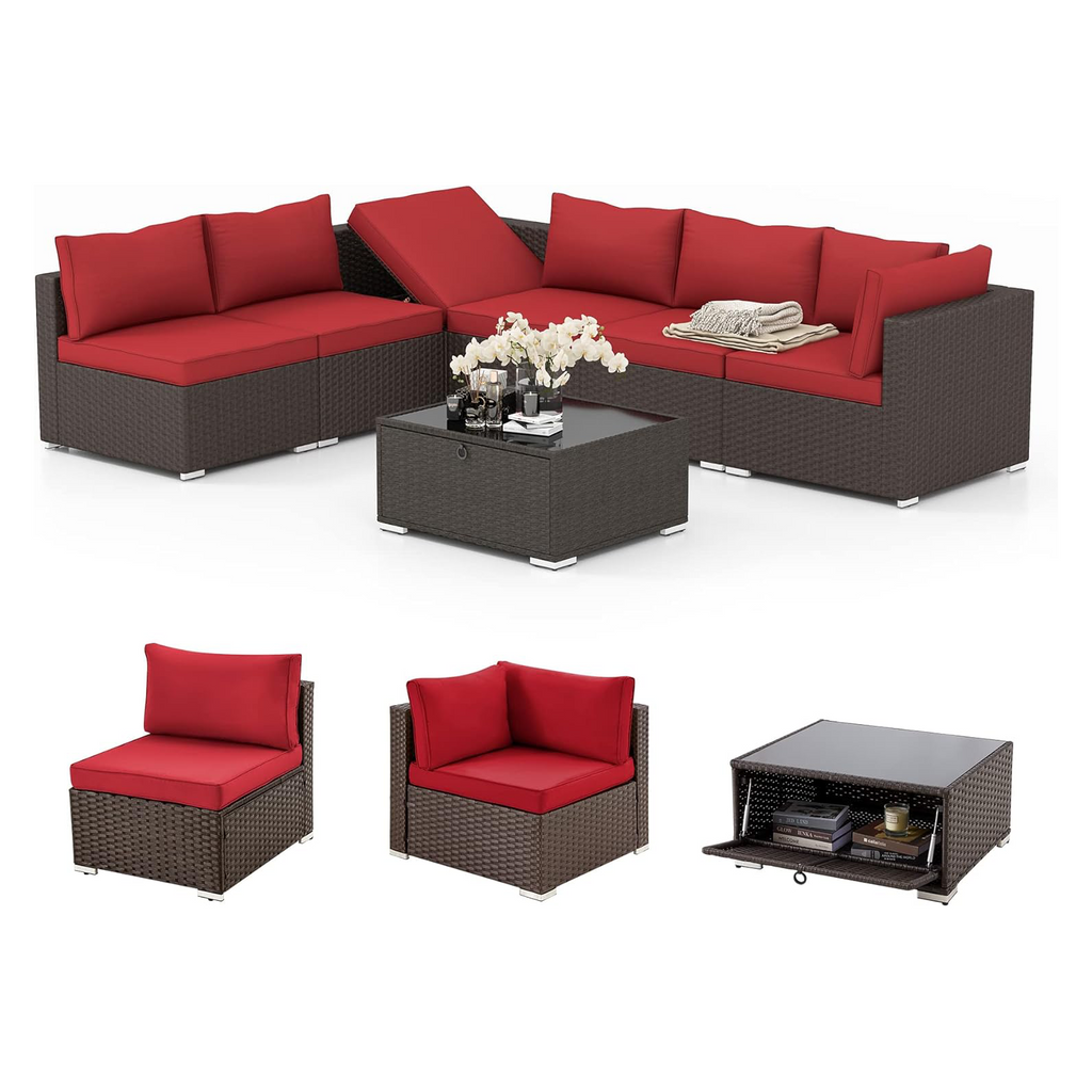 HOMREST 7 Pcs Outdoor Rattan Furniture Set with Coffee Table, Wine Red