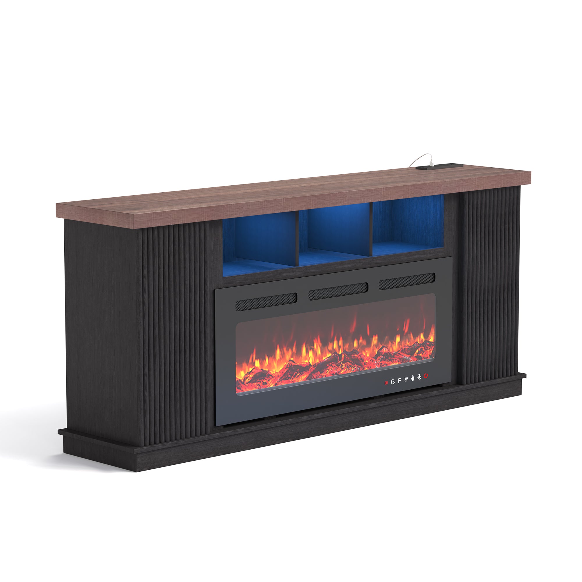 HOMREST 70 Inch TV Cabinet with Electric Fireplace, fire place tv stands for living room, LED Light Bar, Dark Walnut Color