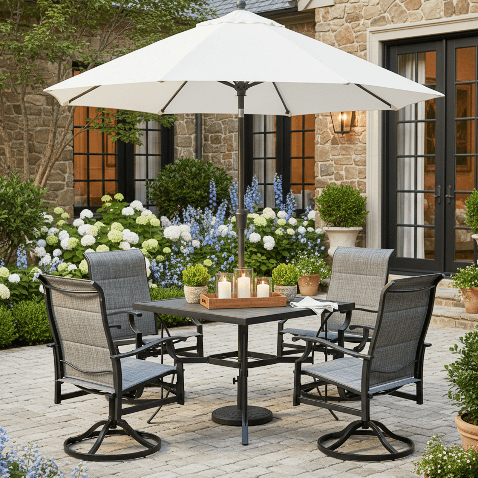 HOMREST 5-Piece Patio Furniture Set Outdoor Dining Table & Chairs with Umbrella Hole, 360° Swivel Rocking Chair, Gray