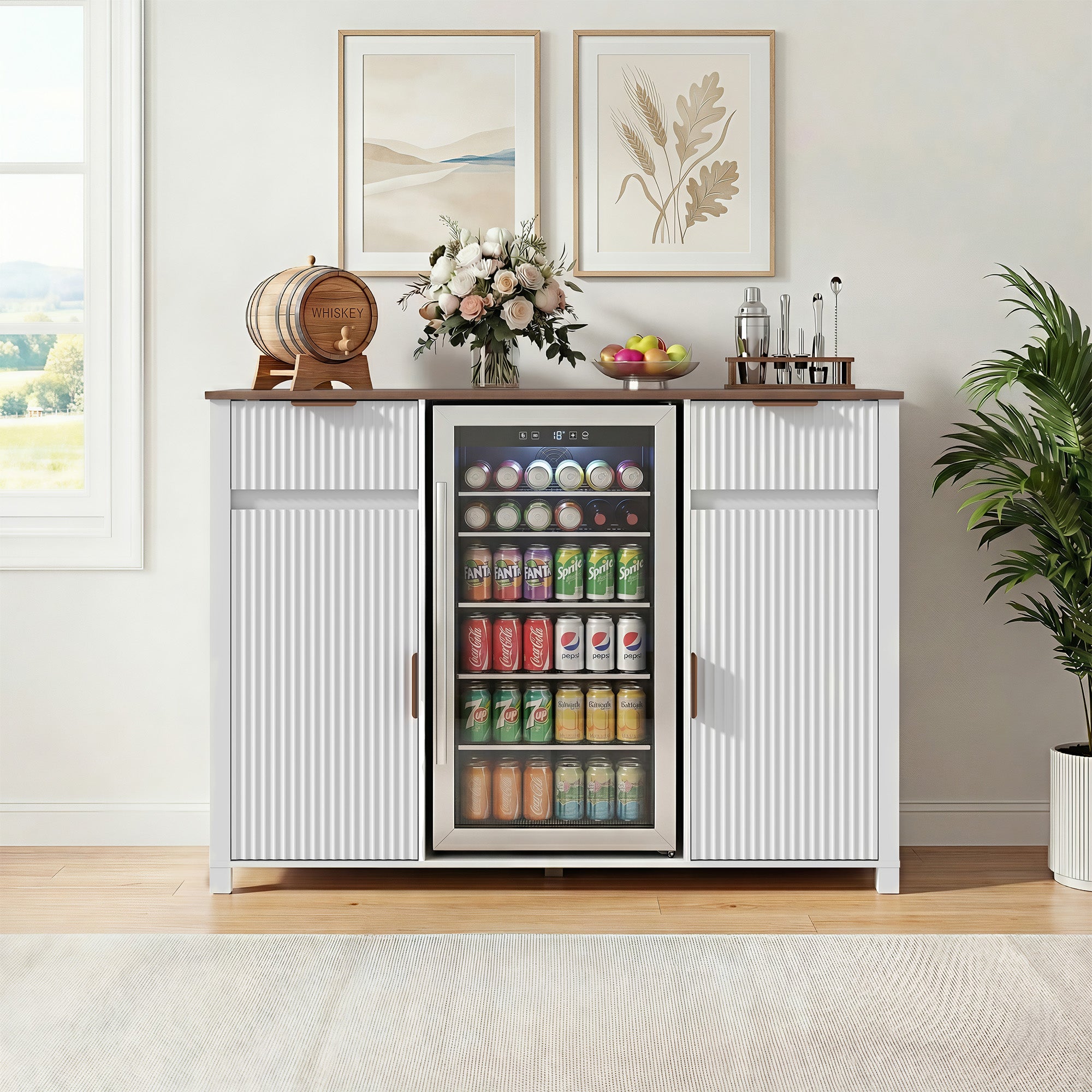 HOMREST 53" Large Coffee Bar Cabinet with Fridge Space & Power Outlet, Mini Fridge Cabinet with Drawer & Door Storage, Wine Bar & Buffet Sideboard for Kitchen and Dining Room, Liquor Cabinet, White