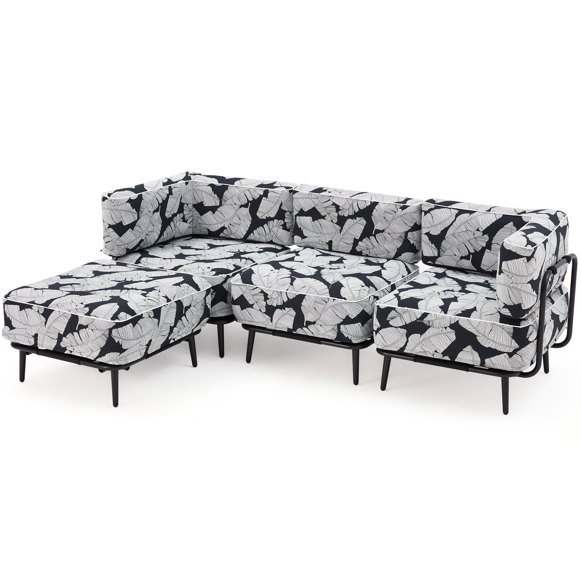 HOMREST 4-Piece Inflatable Couch Set, Portable Oxford Fabric Blow Up Couch Lounger, White Black Leaf Pattern