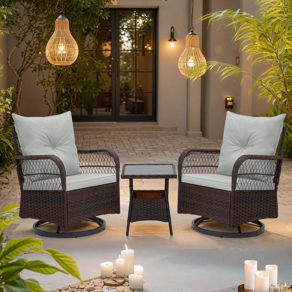 HOMREST 3-Piece Patio Swivel Rocker Set with Rattan Coffee Table for Lawn, Garden, Porch
