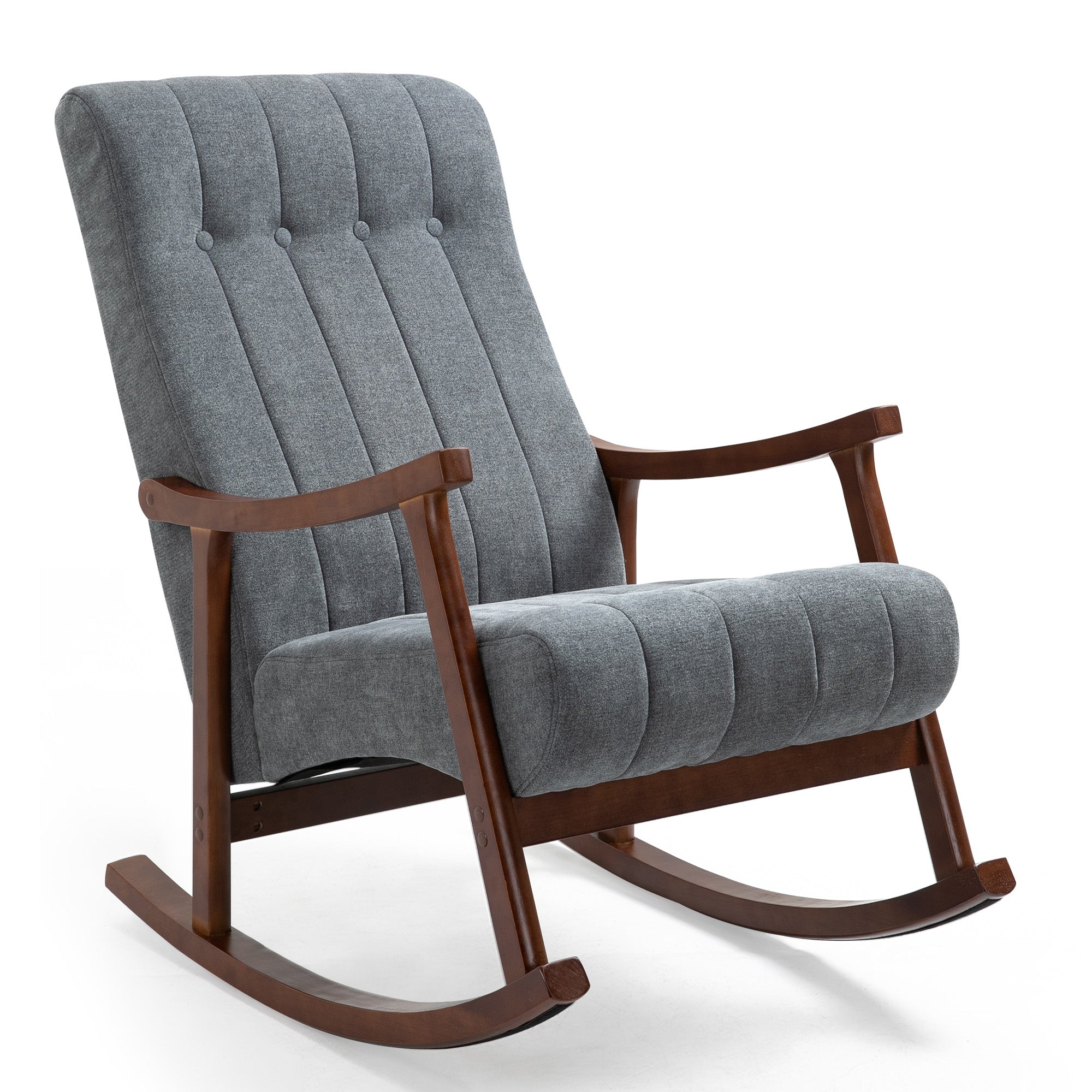 HOMREST Upholstered Rocking Chair with Fabric Padded Seat, Comfortable Rocker Solid Wood for Living Room, Modern High Back Armchair for Adult, Light Gray
