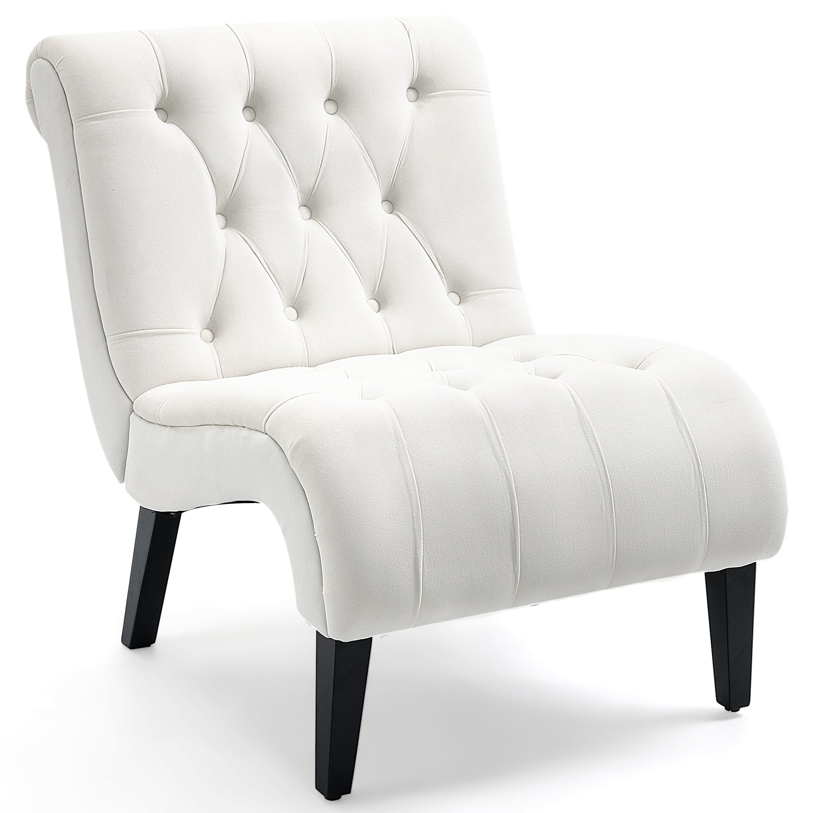 HOMREST Armless Accent Chair, Upholstered Button Tufted Living Room Chairs with Wood Legs, Comfy Frosted Velvet Lounge Chair Reading Chair for Bedroom, Cream White