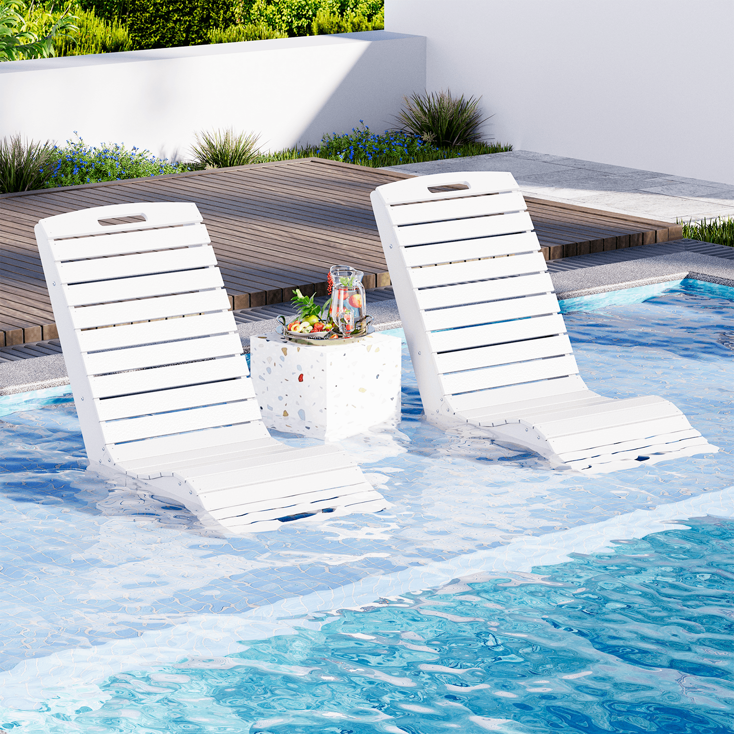 HOMREST HDPE Pool Lounge Chairs Set of 2, In-Pool Chaise with Wheels, S-Shaped, White