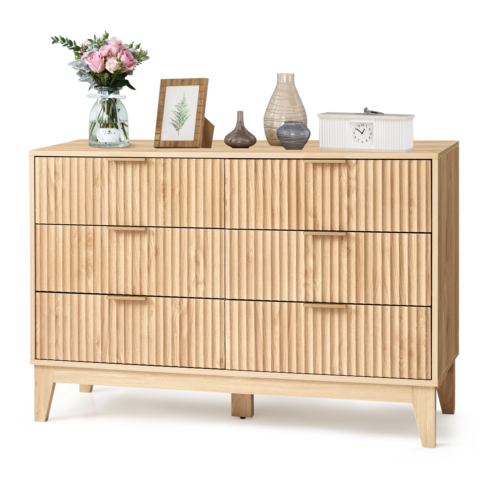 HOMREST Fluted Dresser for Bedroom, 6 Drawer Modern Dresser, Wide Modern Chest of Drawers with Metal Handle, Mid Century Modern Dresser, Natural Wood
