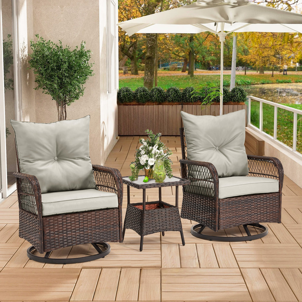 HOMREST 3-Piece Patio Swivel Rocker Set with Rattan Coffee Table for Lawn, Garden, Porch