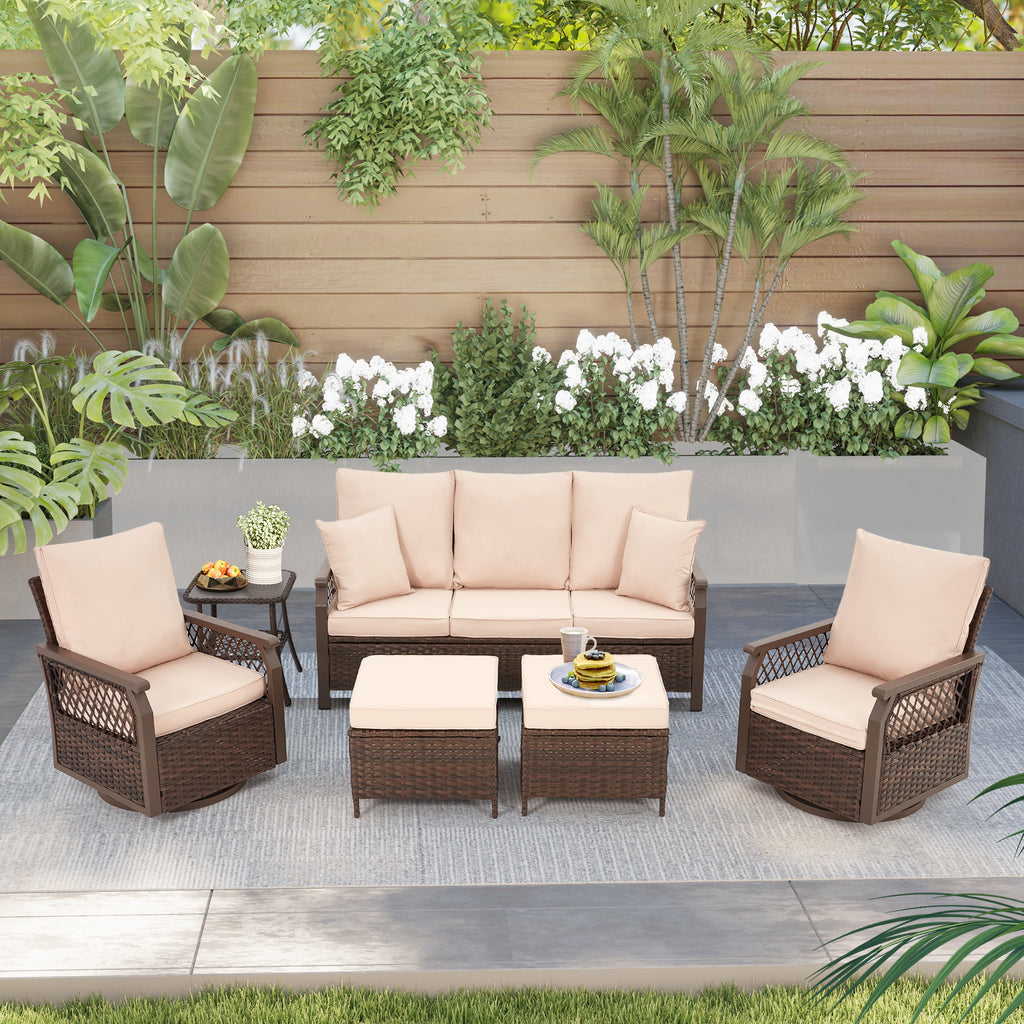 HOMREST 6-Piece Patio Swivel Chair Set – Wicker Sofa, Rocking Chairs, Ottoman & Table, Brown
